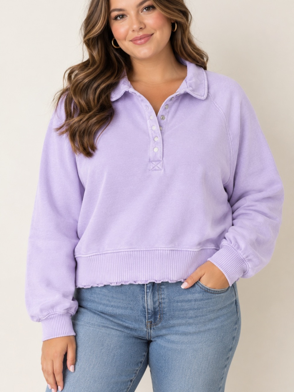 aerie Lavender Cropped Pullover Button-Placket Sweatshirt size large
